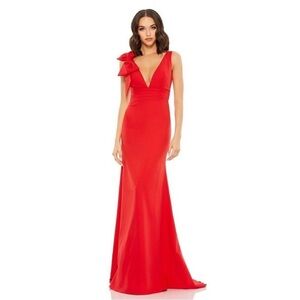MAC DUGGAL Size 14 Sleeveless RED V Neck BOW DETAIL CREPE Mermaid GOWN Dress New